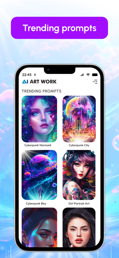 GenAI - AI Art Generator - Tela do aplicativo GenAI mostrando uma coleção de prompts de arte gerados por IA em alta, como sereia cyberpunk e retrato de garota