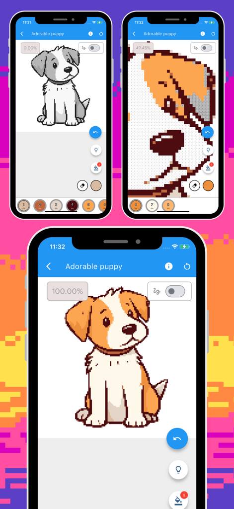 Color by Number: Paint & Draw - Tres pantallas de teléfono que muestran el progreso del coloreado de un cachorro pixel art de principio a fin.