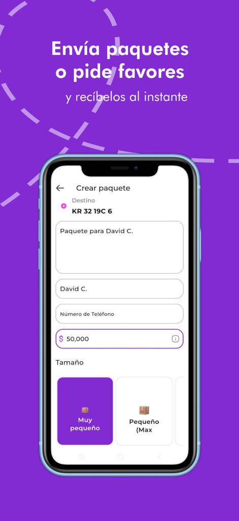 Picap - Picap app screen for creating a package delivery request with options for size and recipient details