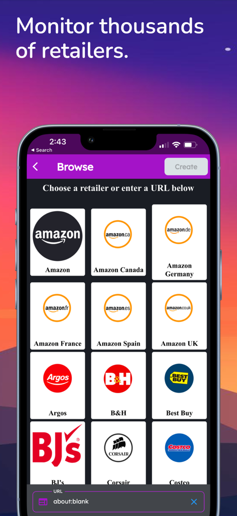 Inventory Bot - AmazonやBest Buyなどの主要小売店のリストを表示する在庫ボットアプリ画面。在庫追跡が可能です。
