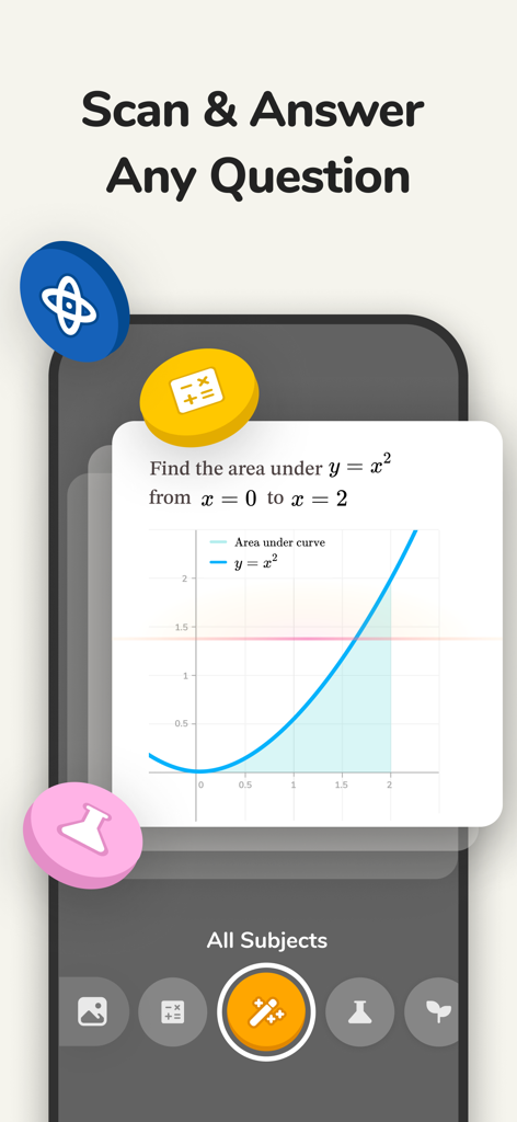 Smartphone screen showing Studdy app scanning and solving a calculus problem with a graph
