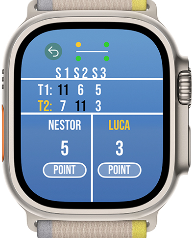 Pickleball Score Tracker App - Pickleball score tracker interface on an Apple Watch showing player points and match sets
