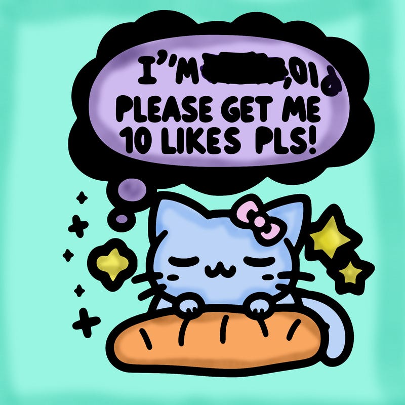 kitty taking a nap dream talking and saying "i'm new, please get me at least 10 likes pls!!"