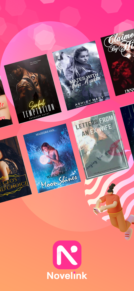 Novelink - A collage of popular web novel covers including romance and werewolf genres on the Novelink app.