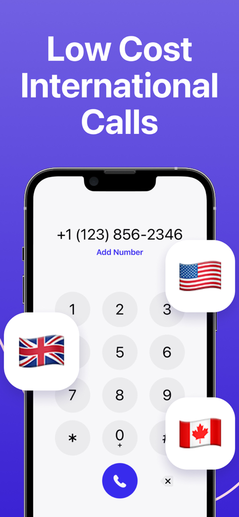 Second Phone Number ™ 2nd Line - Interfaccia di uno smartphone per effettuare chiamate internazionali a basso costo con bandiere di USA, UK e Canada