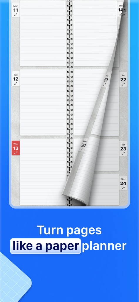 Digital planner app featuring a spiral notebook design with a page turning animation