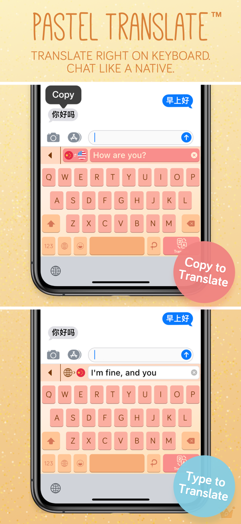 Pastel Keyboard Themes Color - Pastel keyboard translation feature showing copy to translate and type to translate on an iPhone screen