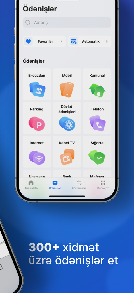 Hesab.az – Digital Wallet - 公共料金や保険などのさまざまな支払いカテゴリが表示されたHesab.azモバイルアプリインターフェース