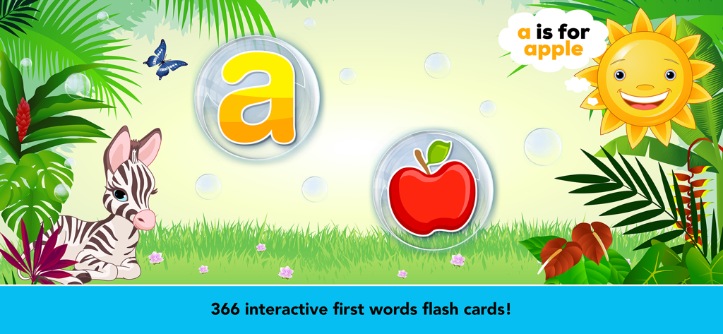 Toddler Games For 2 Year Olds. - Educational game screen for toddlers showing the letter A and an apple inside bubbles with a jungle theme background.