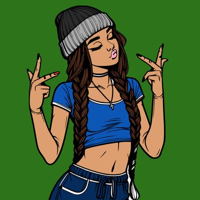 realistic teenage girl with braids and a beanie and crop top doing 🫶🏼