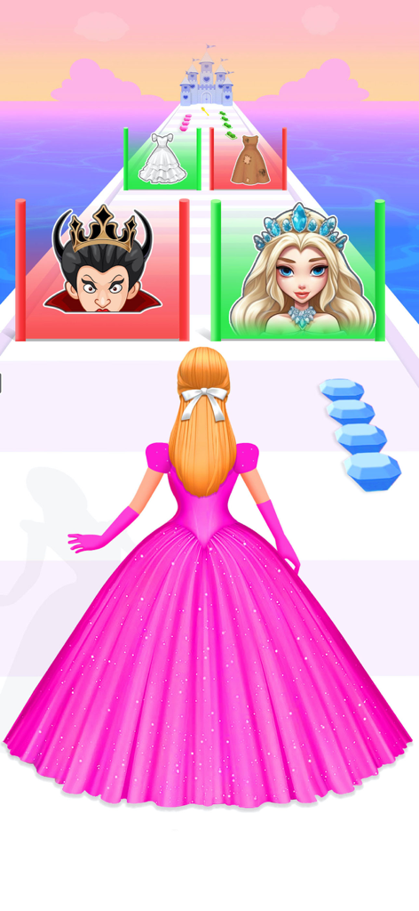 Princess Dress up Wedding Game - ピンクのガウンを着たプリンセスが、ウェディングランナーゲームで善と悪の道の間で選択している。