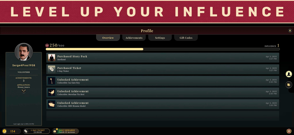 Suzerain - Interfaz del perfil de usuario en Suzerain que muestra el nivel de influencia, los logros y la actividad reciente