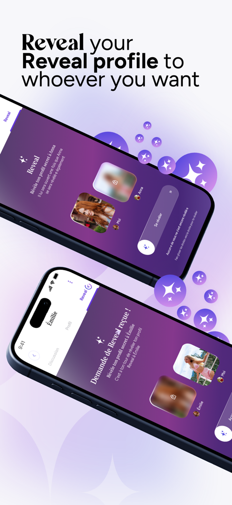 Reveeld - Dating LGBTQ+ - Dos pantallas móviles de la aplicación de citas Reveeld que demuestran la revelación de perfil y la función de desbloqueo de fotos.