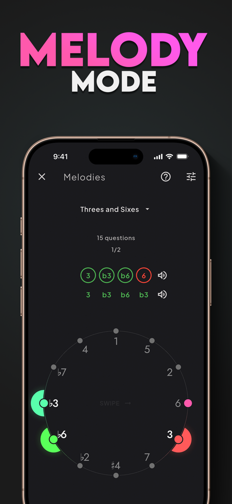 Sonofield Ear Trainer - Sonofield Ear Trainer app Melody Mode interface showing a circular scale degree training exercise