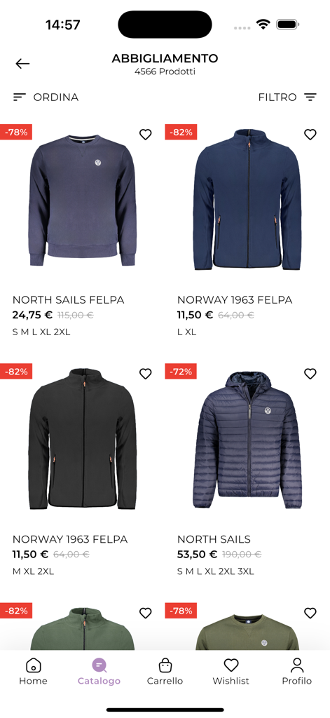 Griffe Shop - Griffe Shop app catalog showing discounted clothing from brands like North Sails and Norway 1963.