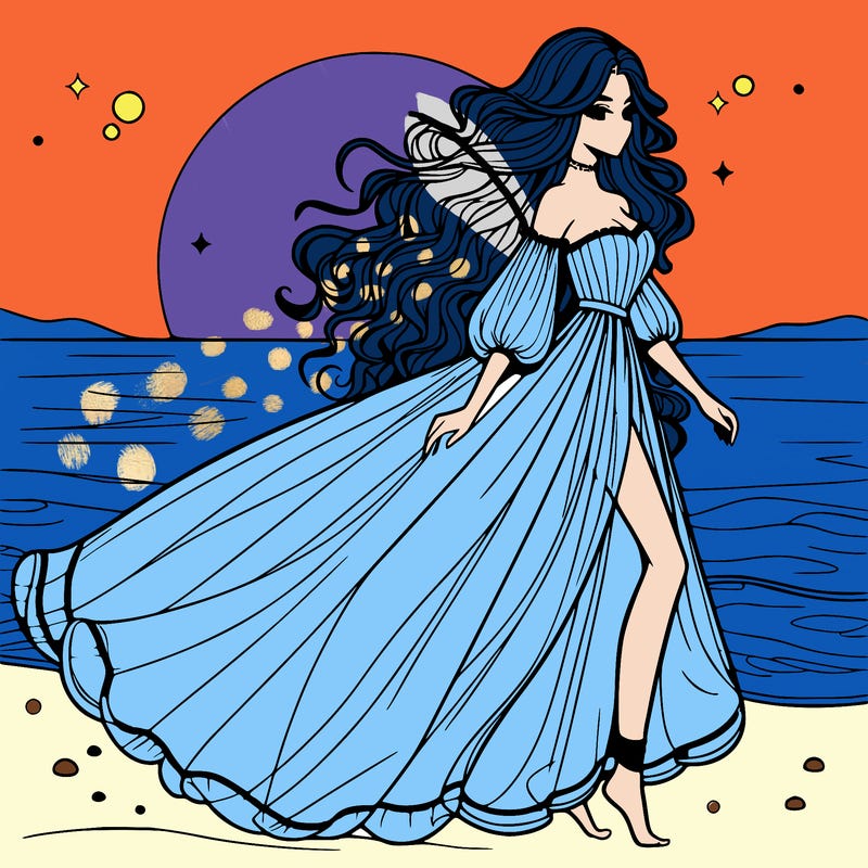 beautiful woman with a vaporous long dress walking on the beach at the noon, detailed art