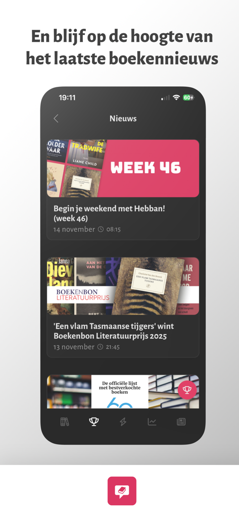 Hebban Boekenapp - A smartphone displaying the news section of the Hebban app with articles about book awards and weekly reading tips