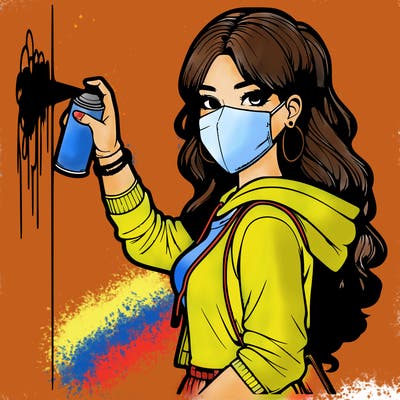 realistic girl with mask spray painting a wall