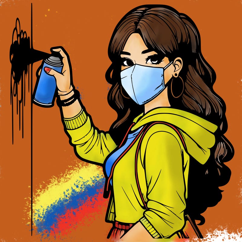 realistic girl with mask spray painting a wall