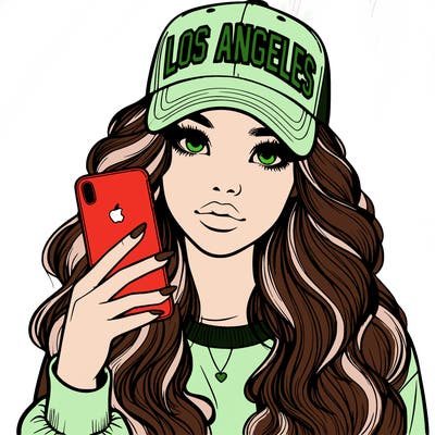 realistic beautiful girl wearing los ángeles cap holding an iphone