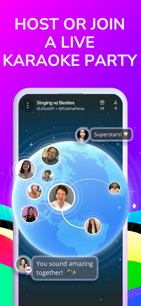Smule app screen showing a live karaoke party with singers from around the world connected on a globe.