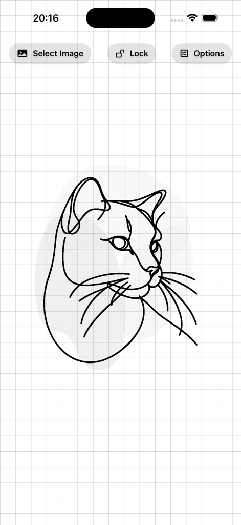 Lightbox Tracing Pad app interface showing a cat outline on a grid background.