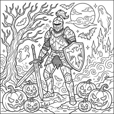Journey back in time to a haunted Halloween night where a brave feudal knight stands guard. This captivating coloring page blends medieval fantasy with spooky seasonal fun, offering a unique artistic challenge.