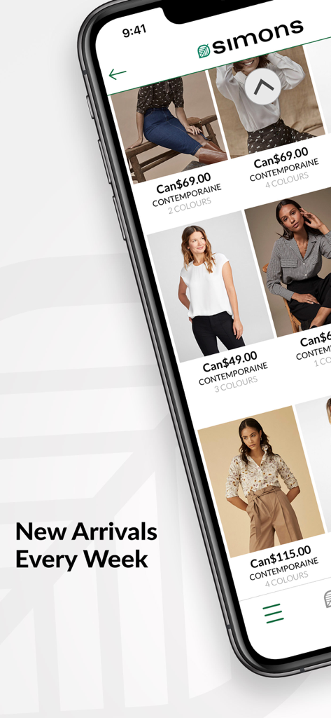 Simons - A Fashion Destination - Simons fashion app interface showing new weekly clothing arrivals with prices and brand labels