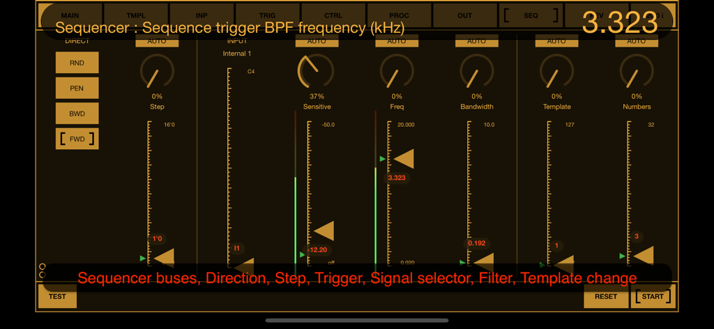 BeatCutter - Interfaz de secuenciador de la aplicación BeatCutter que muestra controles de filtro de frecuencia y plantilla con faders naranjas sobre un fondo oscuro