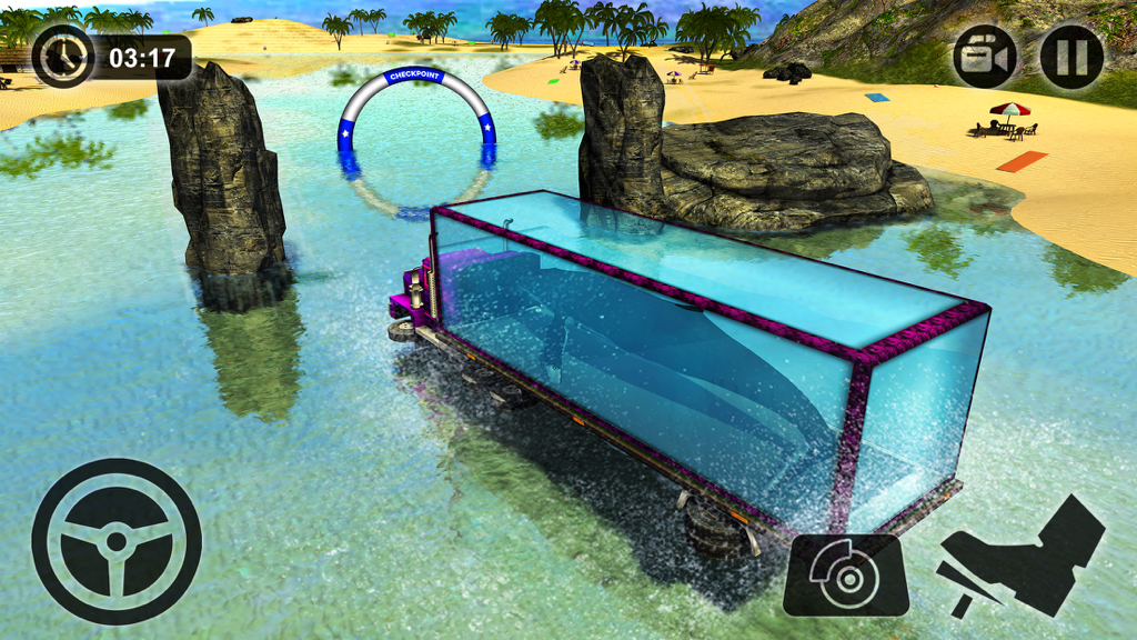 Whale Transport Truck Driving - A purple truck carrying a blue whale in a transparent tank through tropical ocean water towards a checkpoint