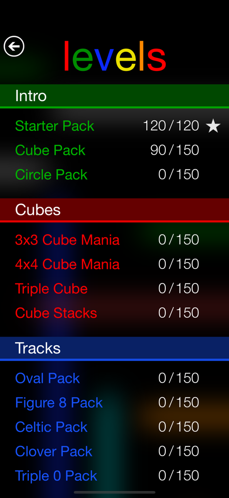 Level selection menu in Flow Free Shapes showing puzzle packs like Starter Cube and Circle with progress tracking.