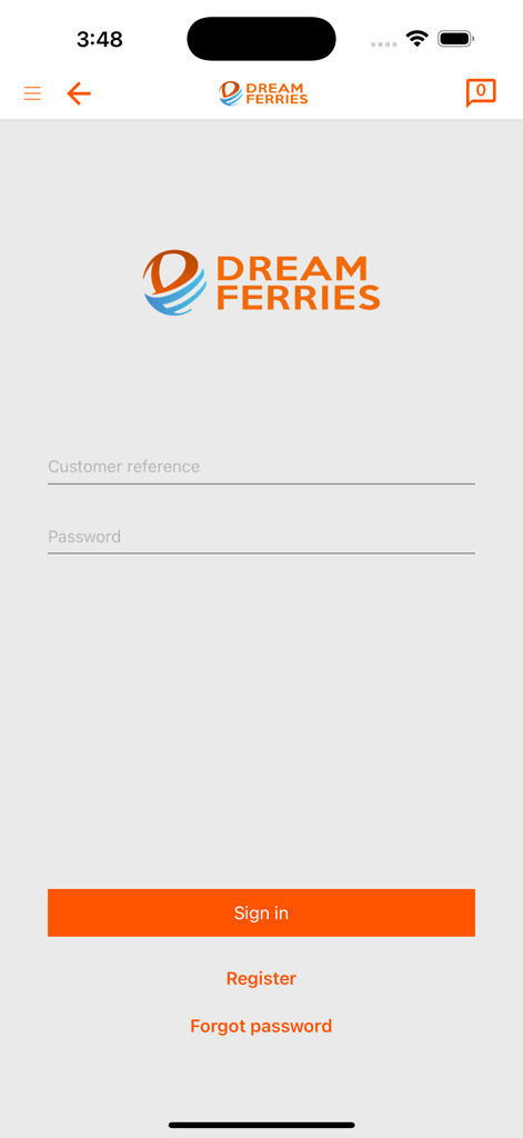 Dream Ferries - Dream Ferries app sign in screen with customer reference and password fields