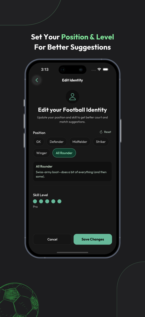 Yalla Hagz - يلا حجز - Yalla Hagz mobile app screen showing options to edit football player position and skill level