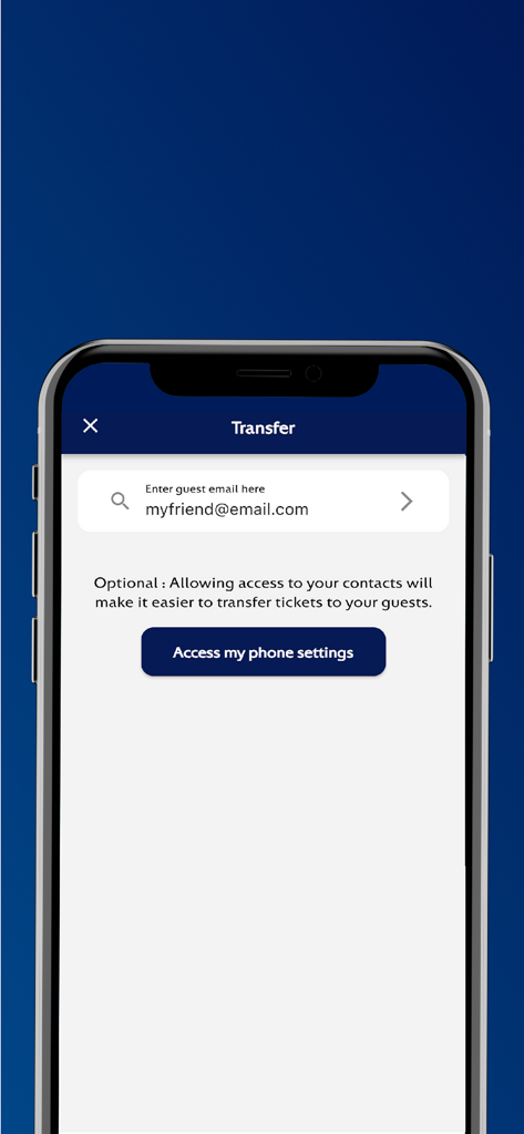 Ticket transfer interface in the UEFA Mobile Tickets app allowing users to enter a guest email address.