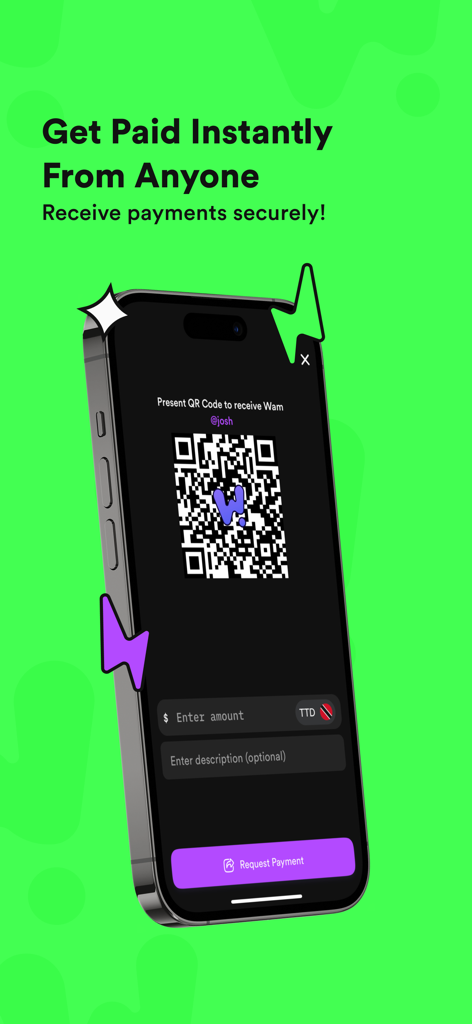 Mobile phone screen displaying the Wam app interface for receiving instant and secure payments using a QR code.