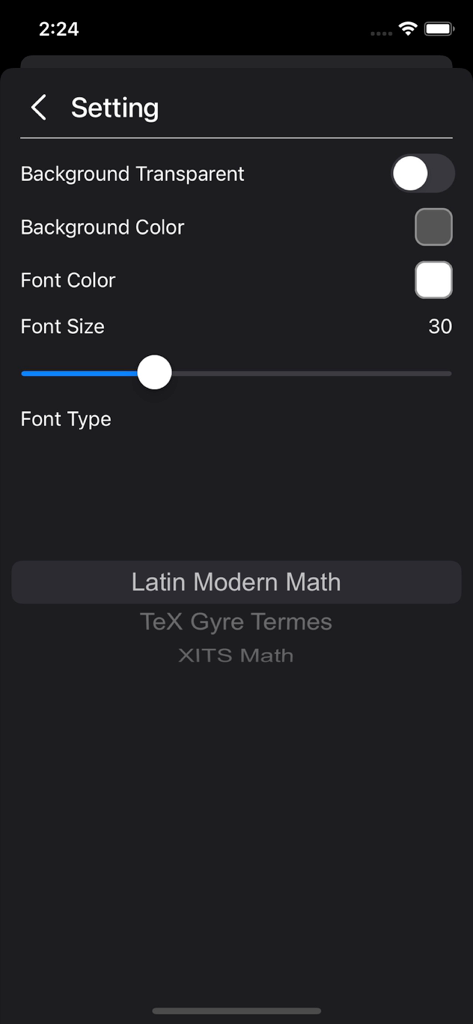 Latex Equation Editor - Menú de configuración en la aplicación Editor de Ecuaciones LaTeX para personalizar el color de transparencia del fondo y el tamaño de fuente