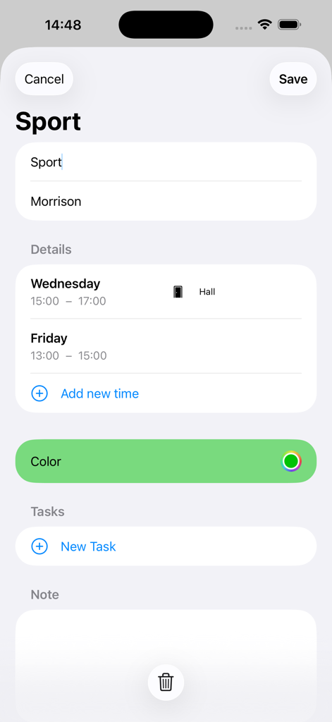 Timetable – Schedule & Tasks - Captura de pantalla de la aplicación Horario que muestra la edición de cursos para una clase de deportes con horarios y selección de colores