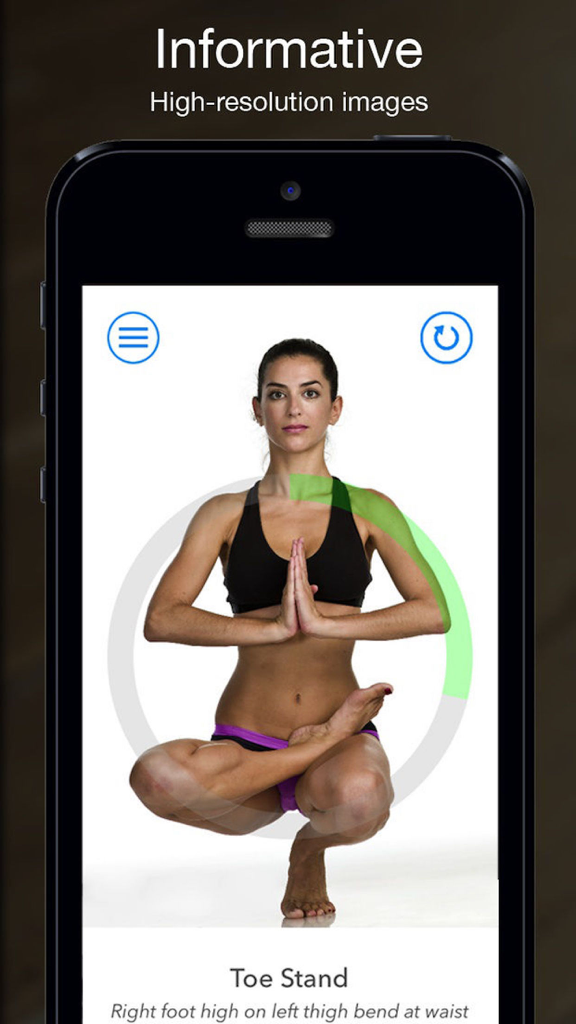A woman performing the Toe Stand posture in the Hot Yoga Timer app interface.