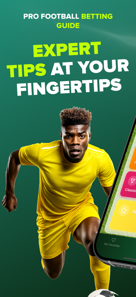 PRO Football Betting Guide - PRO Football Betting Guide app screen featuring expert betting tips and a soccer player