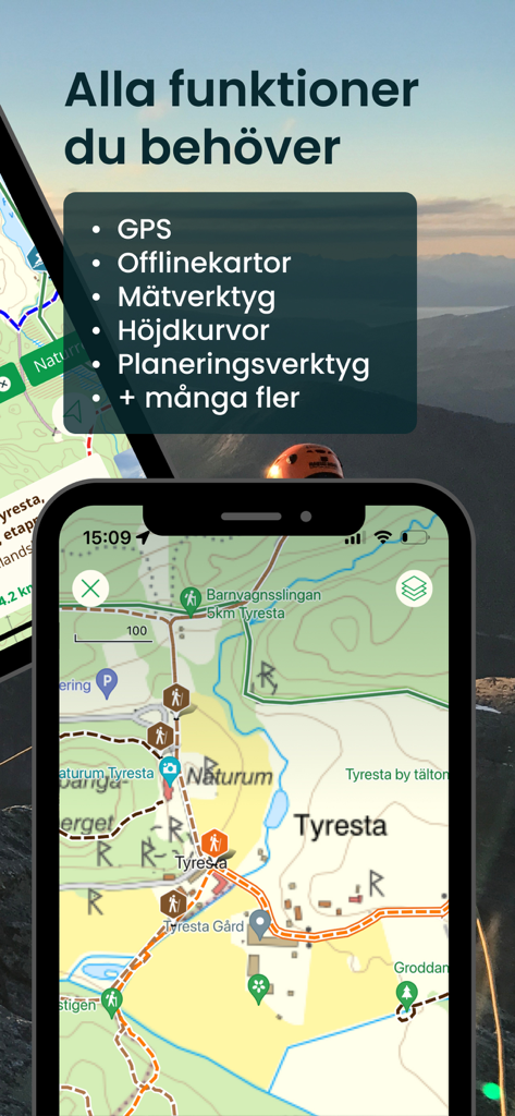 Aplicativo de smartphone Naturkartan exibindo um mapa topográfico de Tyresta com marcadores de trilhas e uma lista de ferramentas de navegação