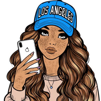 realistic beautiful girl wearing los ángeles cap holding an iphone
