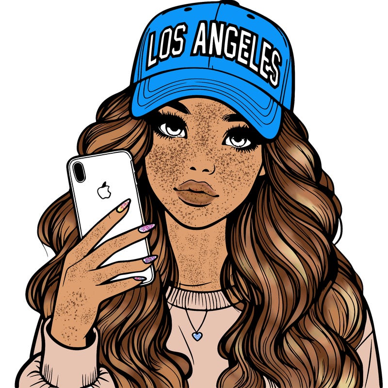 realistic beautiful girl wearing los ángeles cap holding an iphone