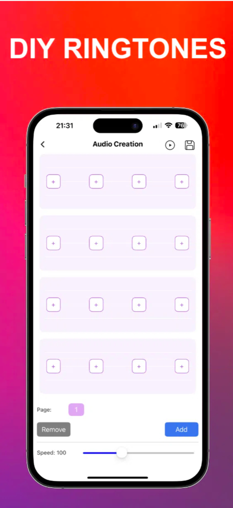 Muse Ringtones - the ring app - Muse Ringtones app interface on an iPhone showing the DIY audio creation and ringtone maker screen.