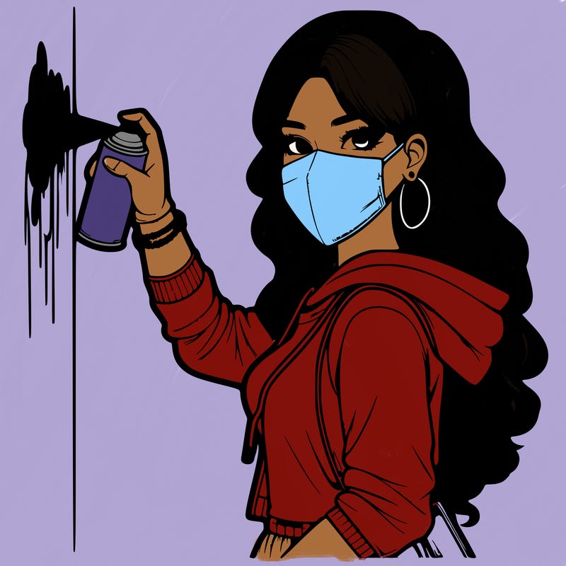 realistic girl with mask spray painting a wall