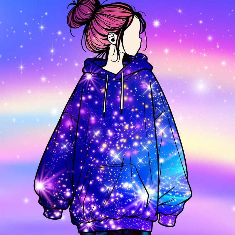 realistic girl with a oversized sweatshirt on and a bun