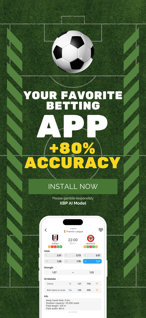 WIN Soccer Betting Tips - WIN サッカーベッティングのヒントアプリのインターフェイス。AI予測と試合オッズが表示されています。