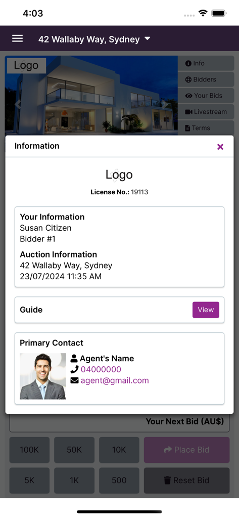 Real estate auction property information screen with bidder details and agent contact information