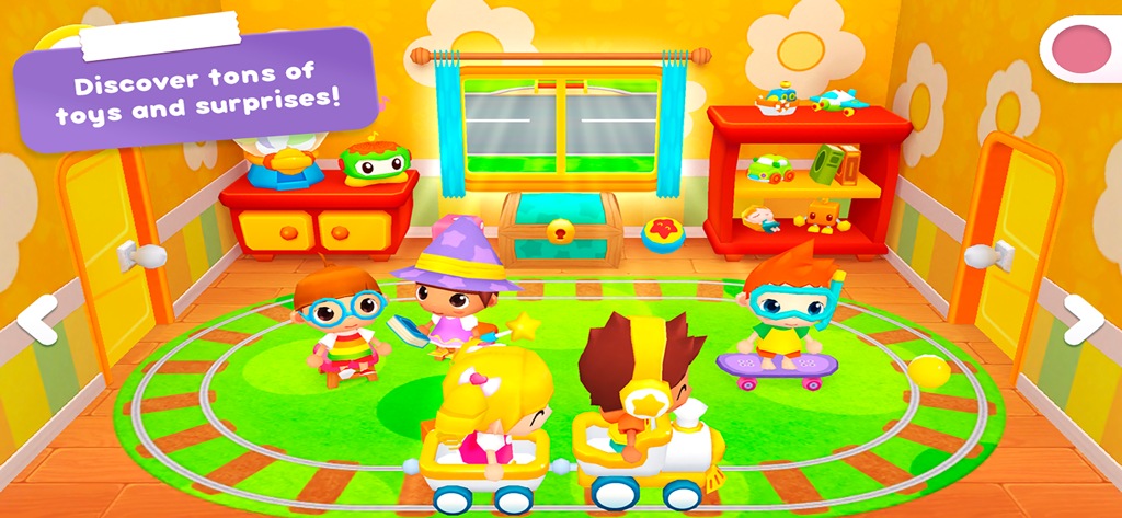 Happy Daycare Stories - Personajes infantiles jugando en un cuarto de juegos de guardería de colores brillantes con un tren de juguete y un monopatín