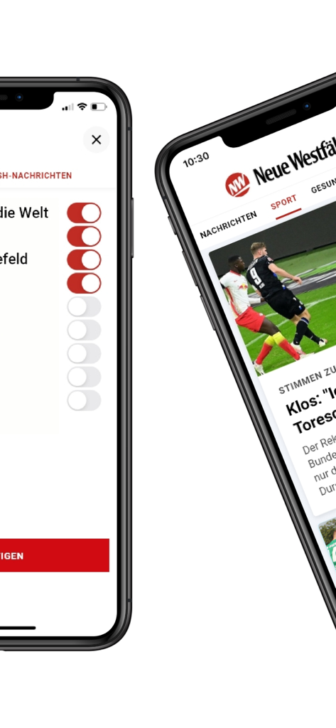 NW News - Captures d'écran de l'application NW News montrant les paramètres de notification push et les nouvelles sportives locales