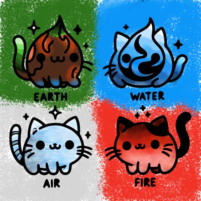 4 cats that represent the different elements, earth, water, air, and fire